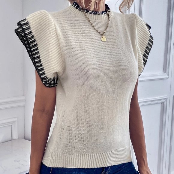 beige ribbed knit contrast binding sweater vest chic preppy classy - Picture 2 of 7